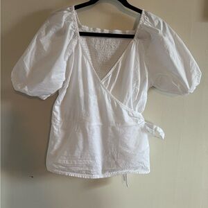 White Puff Sleeve Wrap Blouse